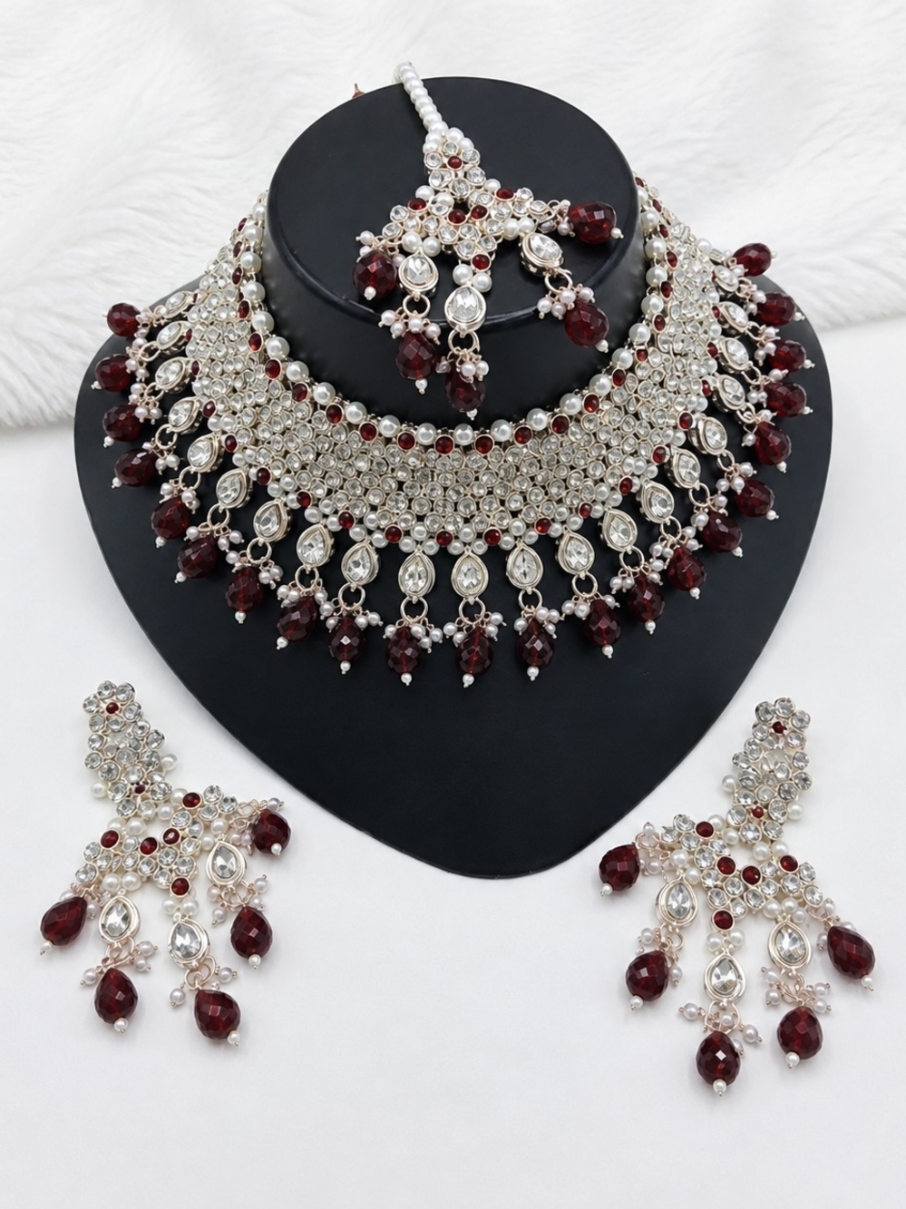 Elegant Women's Silver Choker Necklace Set with Deep Red Stones
